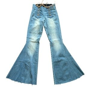 JUDITH MARCH Womens Sz S Blue Retro Boho Lace Up Flare Bell Bottom Pull On Jeans